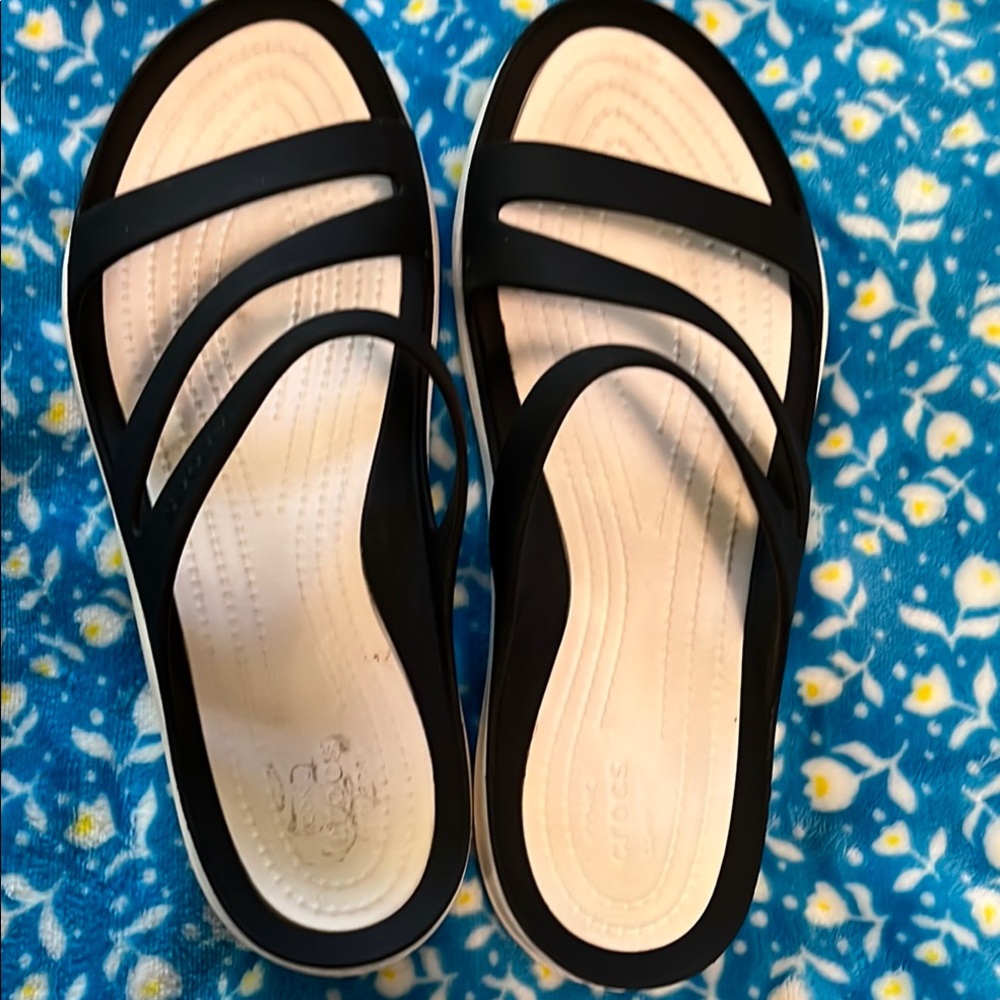 CROCS Black and Cream Strappy Sandals